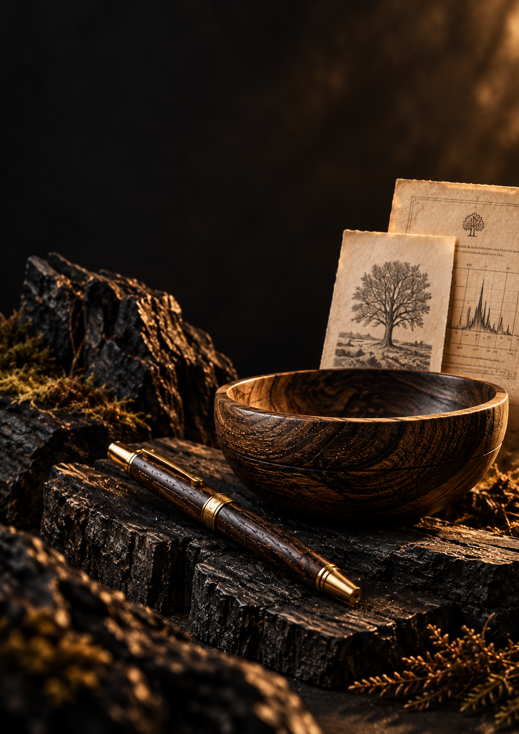 Carbon dated Bog Oak bowl and pen